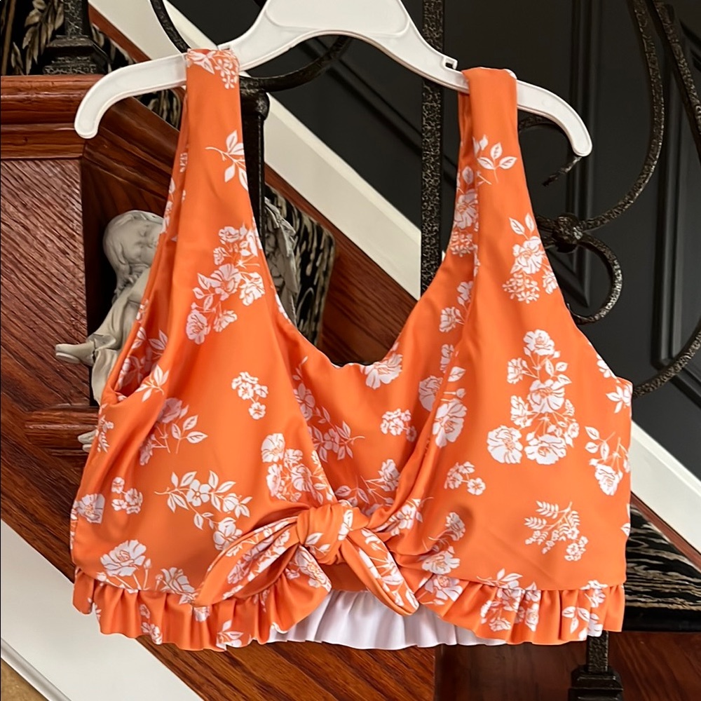 Zaful Floral Orange & White Tie Front Ruffled Crop Swim Tank Top Size 8